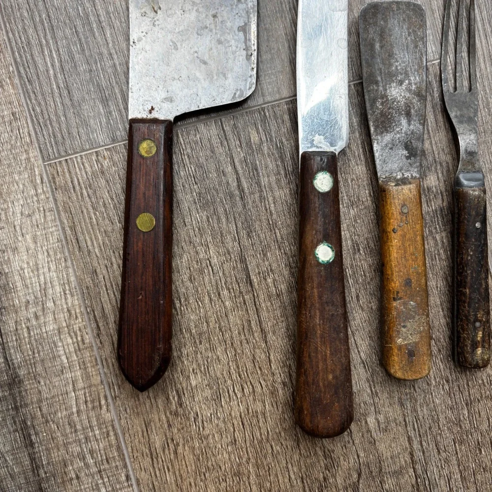Vintage Wood‎ Handle Kitchen Knife Set Cleaver Slicer Forks Quikut Flint 6pc